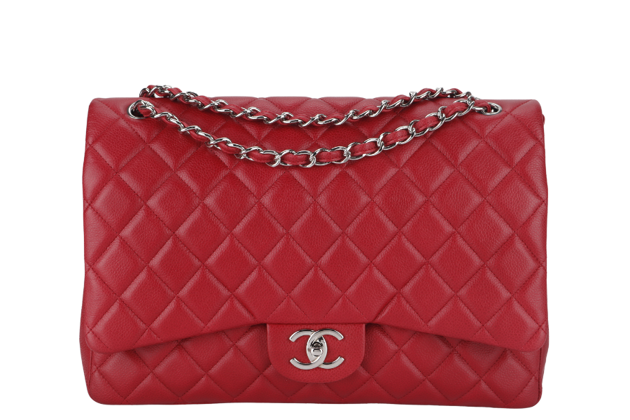 CHANEL CLASSIC FLAP MAXI (1442xxxx) RED CAVIAR LEATHER SILVER HARDWARE WITH - Bags