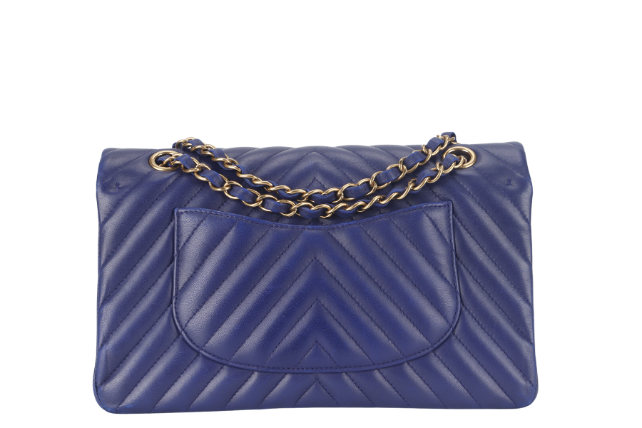 CHANEL CLASSIC FLAP CHEVRON (2117xxxx) DARK BLUE LAMBSKIN GOLD HARDWARE MEDIUM SIZE WITH  AND DUST COVER - Bags