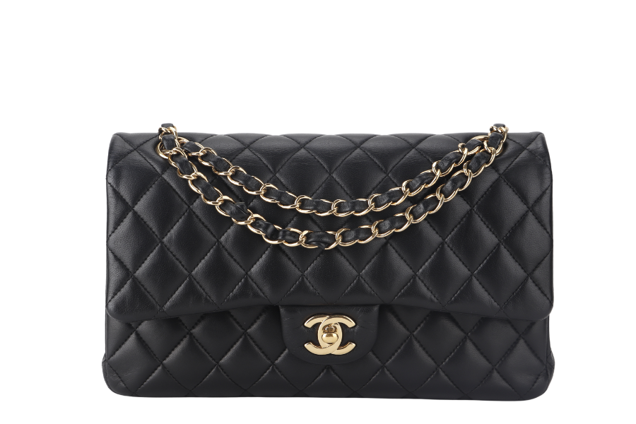 CHANEL CLASSIC FLAP MEDIUM BLACK LAMBSKIN GOLD HARDWARE WITH  (3040xxxx) WITH DUST COVER  AND BOX - Bags