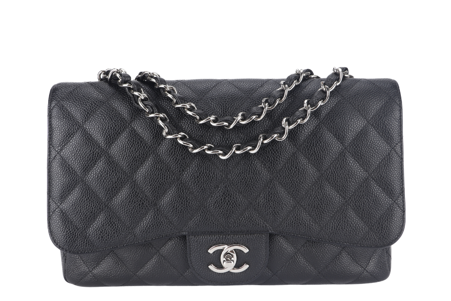 CHANEL CLASSIC FLAP JUMBO (1357xxxx) BLACK CAVIAR LEATHER SILVER HARDWARE WITH DUST COVER AND - Bags
