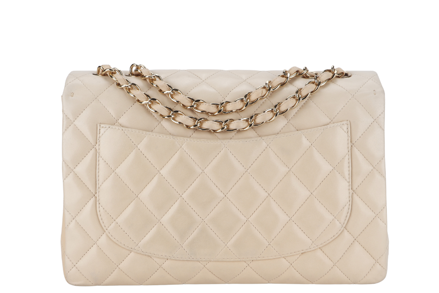CHANEL CLASSIC SINGLE FLAP (1309xxxx) JUMBO BEIGE LAMBSKIN GOLD HARDWARE WITH - Bags