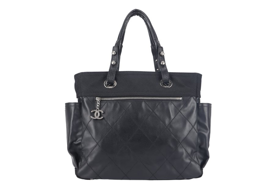 CHANEL PARIS BIARRITZ MEDIUM TOTE (1251xxxx) BLACK COATED CANVAS SILVER HARDWARE WITH , DUST COVER AND BOX - Bags