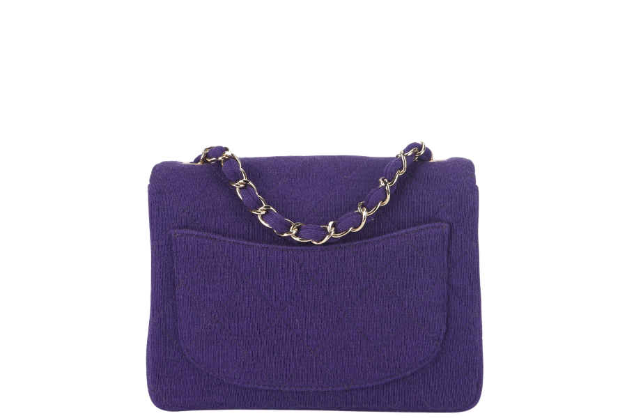 CHANEL CLASSIC FLAP MINI SQUARE (648xxxx) PURPLE JERSEY GOLD HARDWARE WITH DUST COVER AND - Bags