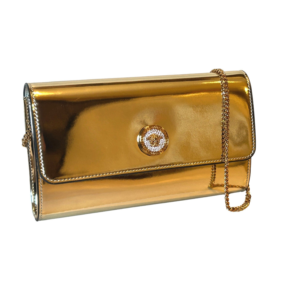 Versace La Medusa Crystal Clutch Crossbody Bag Metallic Gold Leather - Handbags