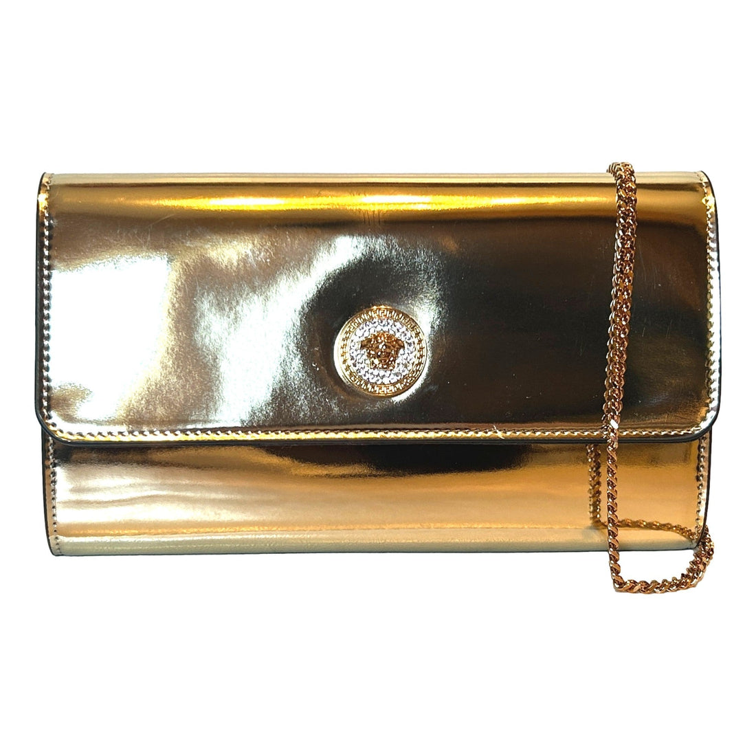 Versace La Medusa Crystal Clutch Crossbody Bag Metallic Gold Leather - Handbags