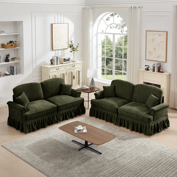 Classic 2 Piece Modular Couch Living Room Sofa Set with Flared Arms and Removable Ruffles Pleats Skirts and Spindle Legs, 2 Seater Sofa + 2-Seat Loveseat Sofa Sets for Living Room,Green