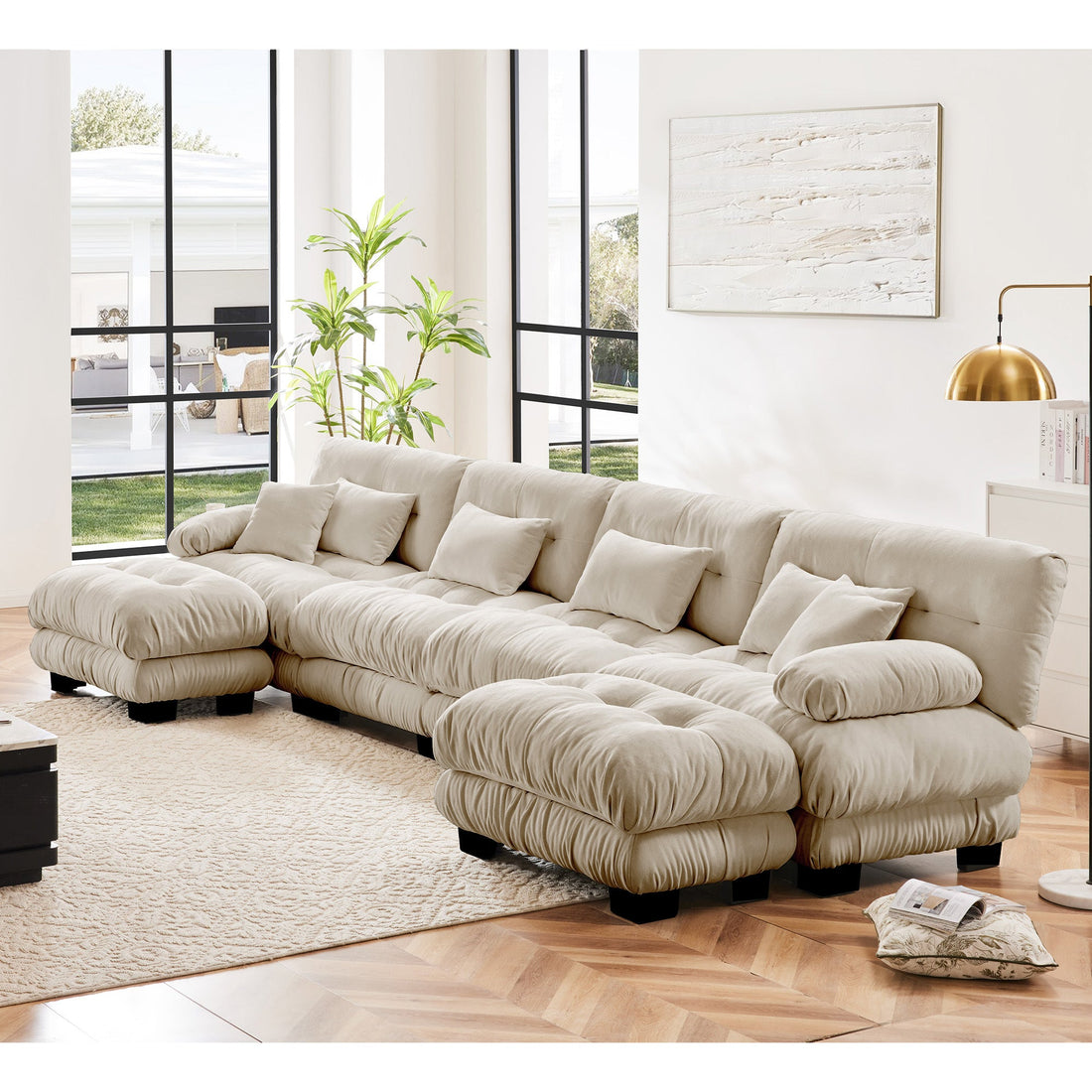 Free Combination Modular Sectional Sofa,U Shaped Couch for Living Room, 4-Seater Comfy Cloud Couch with 2 Ottomans, Chenille Light coffee