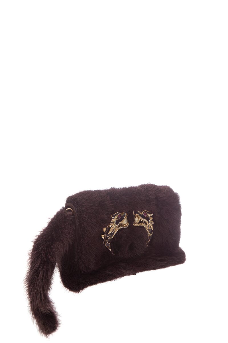 Gucci F/W 2004 By Tom Ford  Burgundy Mink & Crystal Wolf Head Clutch - Handbag