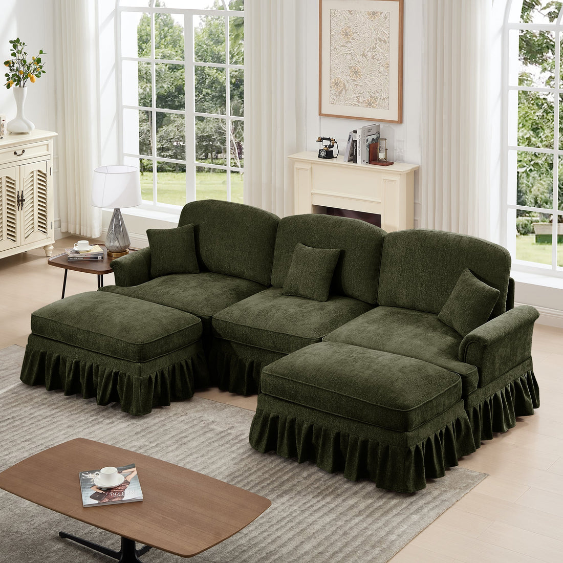 Classic Comfy Modular U Shape Sectional Sofa Couch with Flared Arms and Removable Ruffles Pleats Skirts and Spindle Legs, Upholstered Chenille Deep Seat Cloud Sofa with Movable Ottomans,Green
