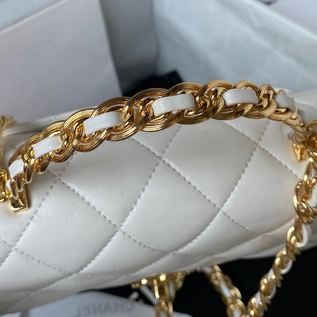 Chanel Flap Bag Gold Top Handle White - 13X21X8cm