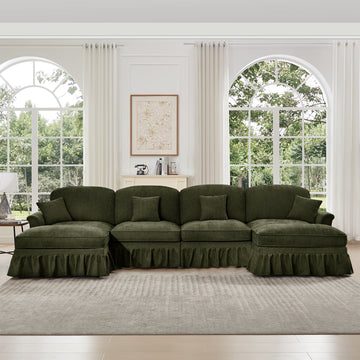 Classic U Shape 4 Seater Modular Sectional Sofa Couch with Flared Arms and Removable Ruffles Pleats Skirts and Spindle Legs, Chenille Deep Seat Cloud Sofa with Movable Ottomans, Green