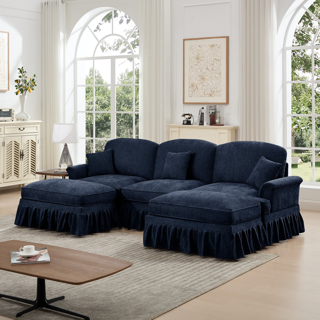 Classic Comfy Modular U Shape Sectional Sofa Couch with Flared Arms and Removable Ruffles Pleats Skirts and Spindle Legs, Upholstered Chenille Deep Seat Cloud Sofa with Movable Ottomans, Blue