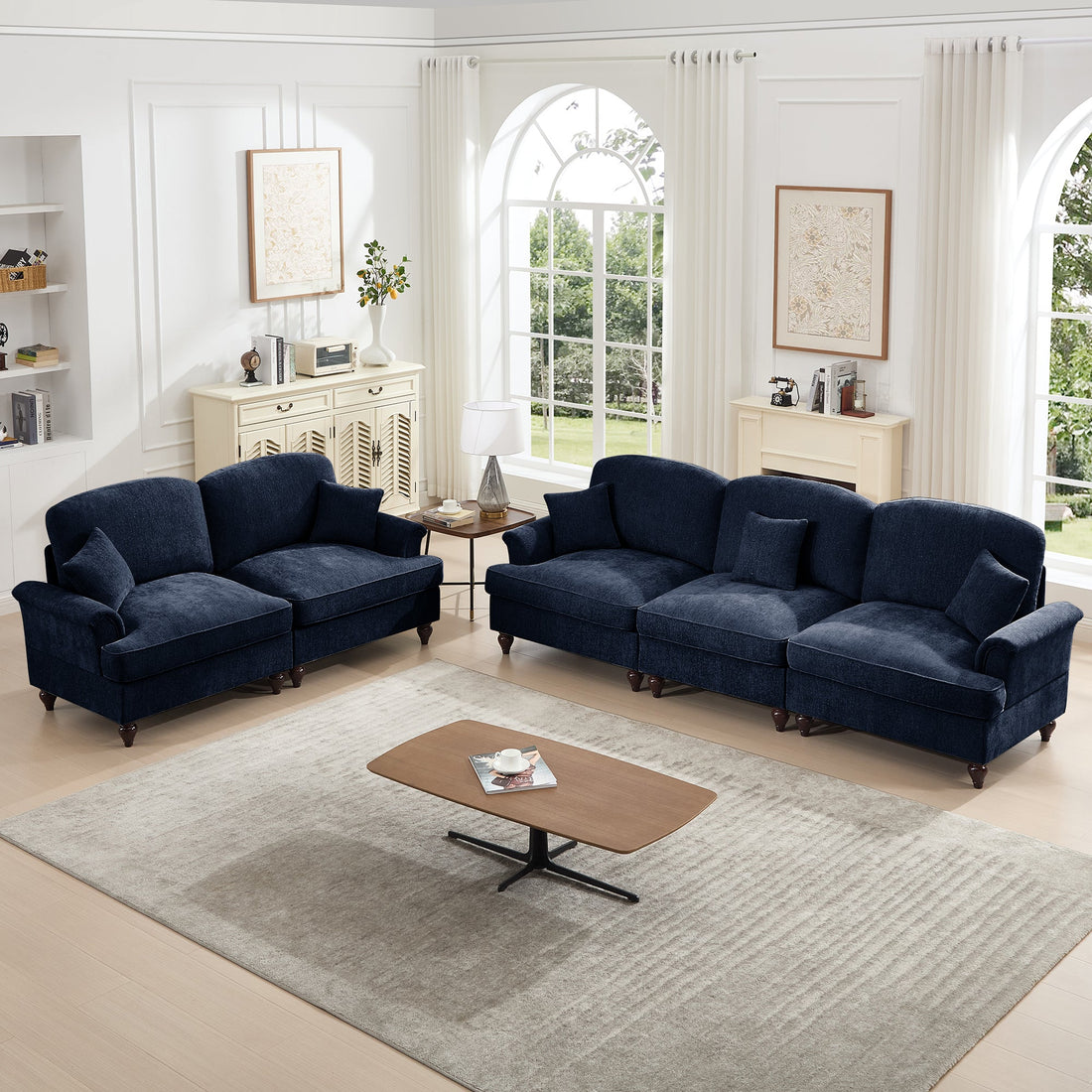 Classic 2 Piece Modular Couch Living Room Sofa Set with Flared Arms and Removable Ruffles Pleats Skirts and Spindle Legs, 3 Seater Sofa + 2-Seat Loveseat Sofa Sets for Living Room, Blue