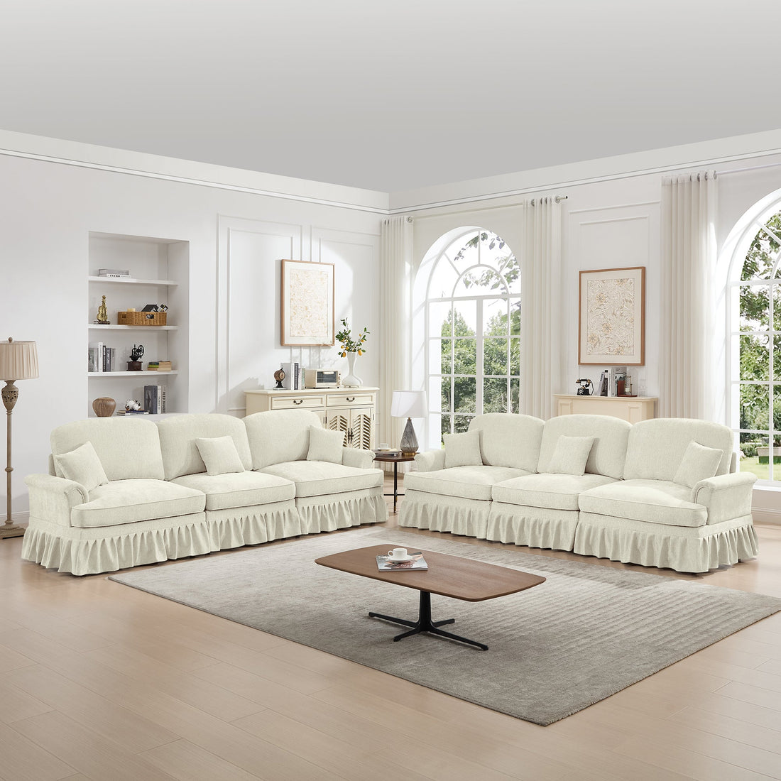 Classic 2 Piece Modular Couch Living Room Sofa Set with Flared Arms and Removable Ruffles Pleats Skirts and Spindle Legs, 3 Seater Sofa +3-Seat Loveseat Sofa Sets for Living Room, Beige White