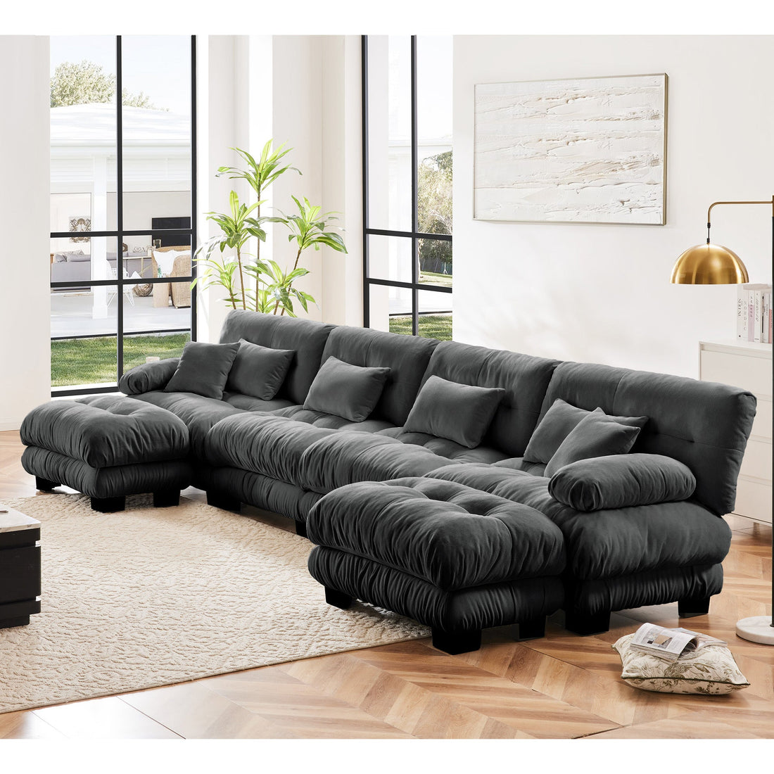 Free Combination Modular Sectional Sofa,U Shaped Couch for Living Room, 4-Seater Comfy Cloud Couch with 2 Ottomans, Chenille Gray