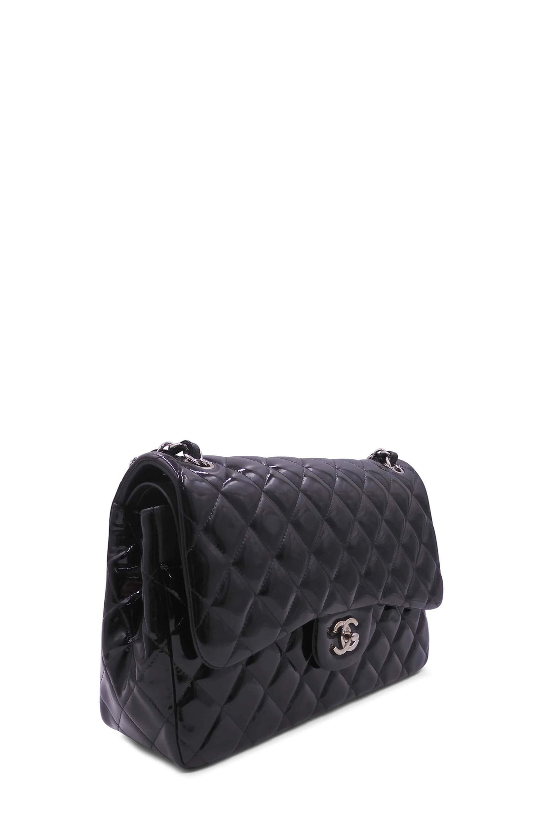 Quilted Patent Jumbo Classic Flap Bag with Silver Hardware Black - Bags