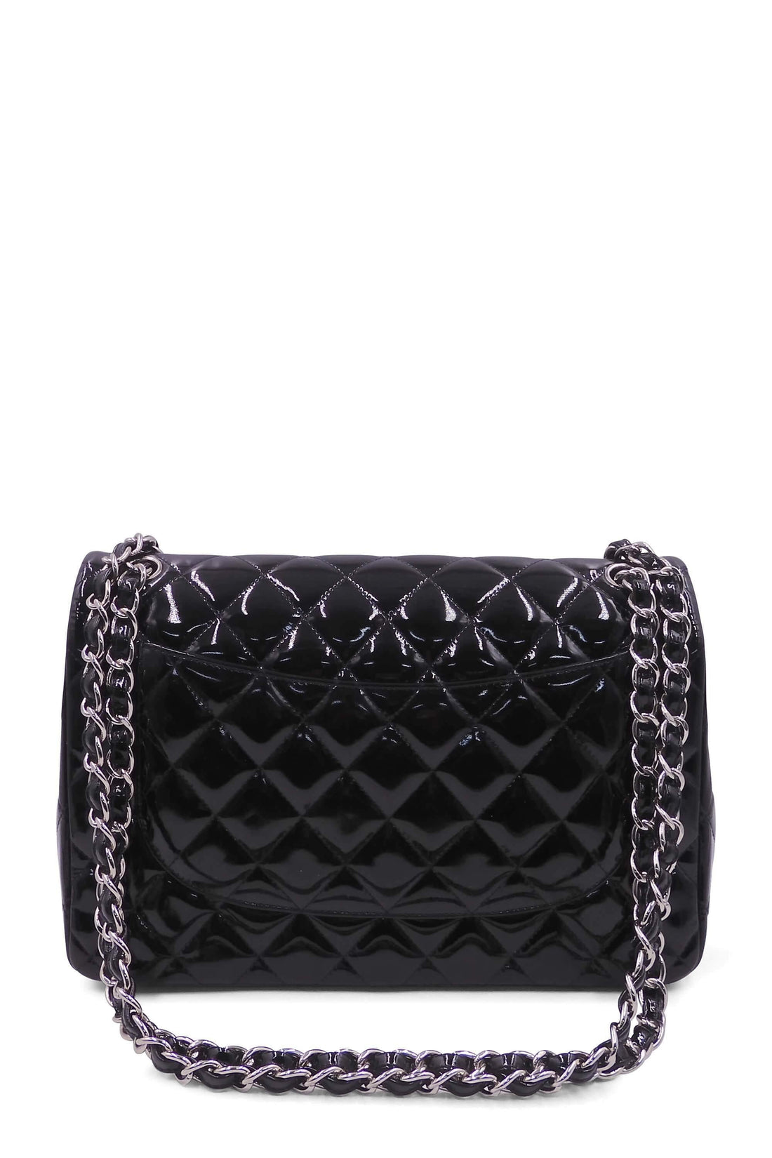 Quilted Patent Jumbo Classic Flap Bag with Silver Hardware Black - Bags