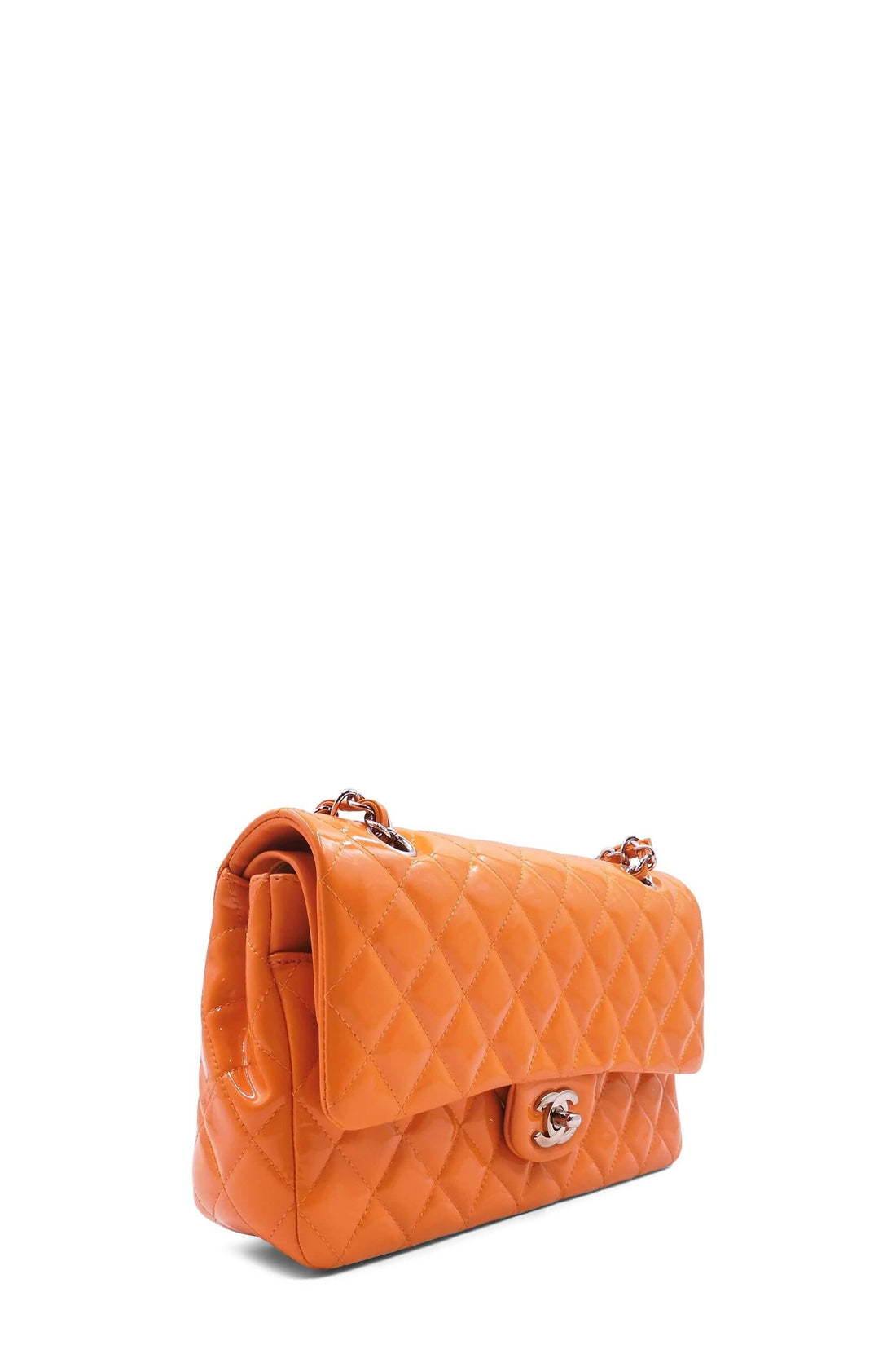 Quilted Patent Medium Classic Flap Bag Orange with Silver Hardware - Bags