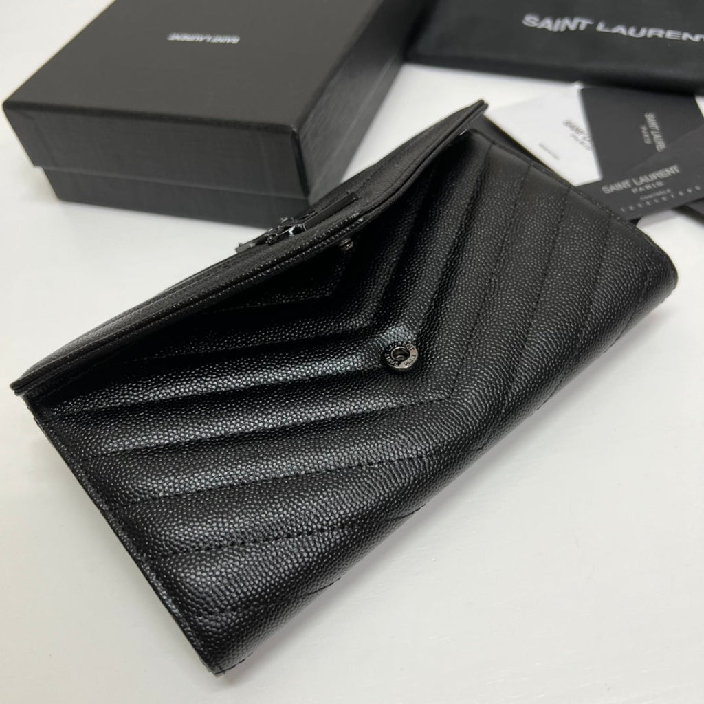 YSL Long Wallet Black Leather Black Tone 10767 19cm