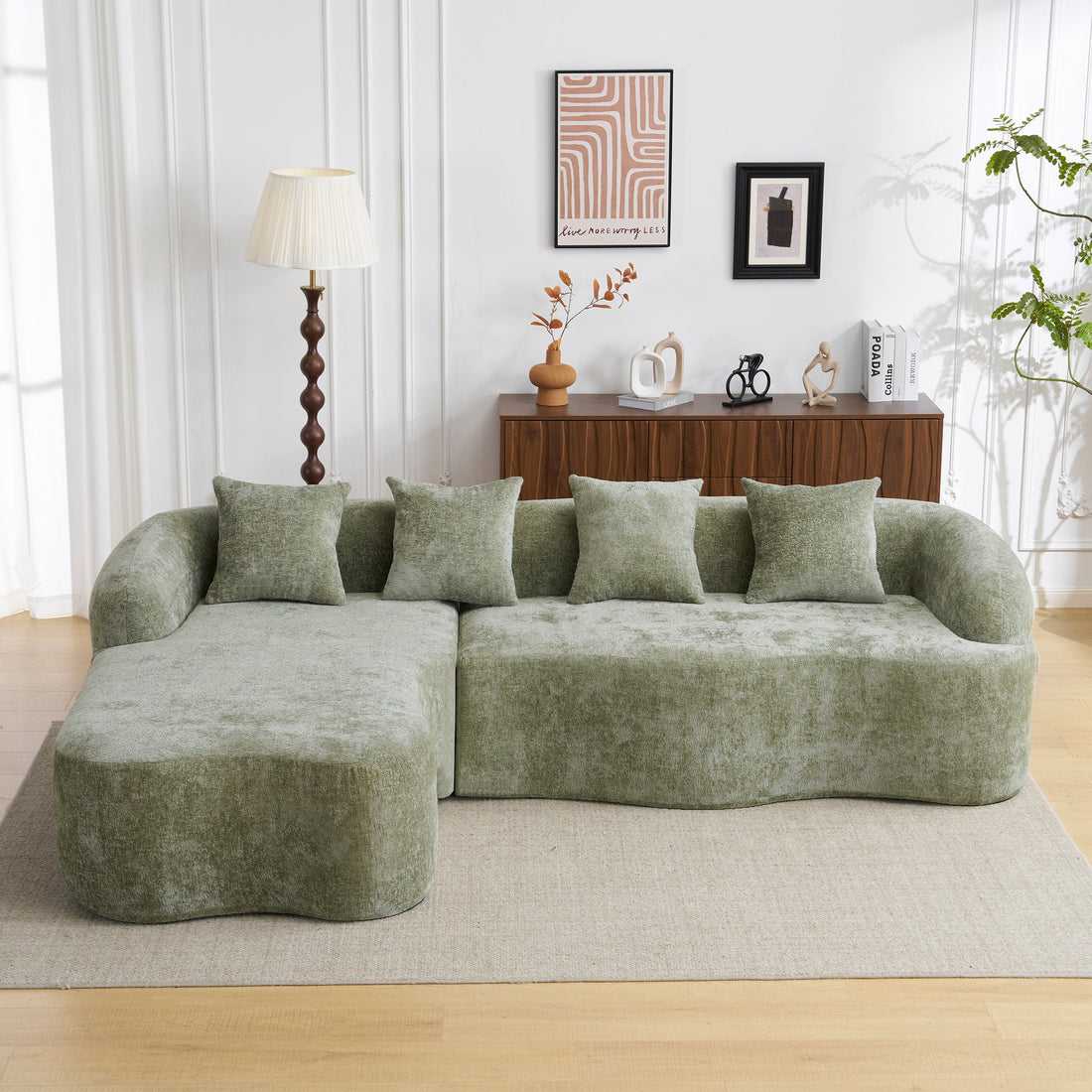 Full Compression L-Shape Sectional Sofa with Curved Chaise, Green Modular Chenille Couch, High-Density for Apartment Living Room