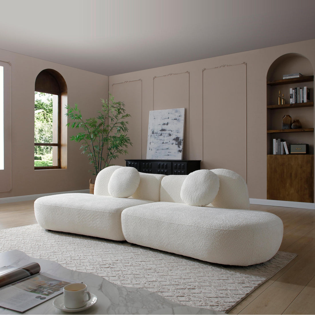 Modern Curved Modular Sofa, Suitable for Living Rooms and Bedrooms With Boucle 3-Seat Sofa, White Color, Curved Backrest, 2 Pillows, Easy to Assemble