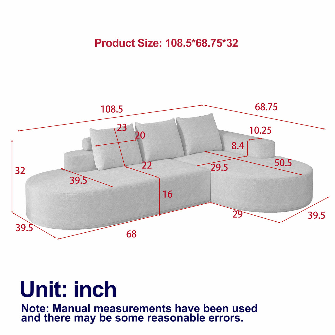 Modern Curved sofa ,Chenille Upholstered Sectional Sofa Couch Set,Modular 108.5' L Shaped Sectional Living Room Sofa Set With 3 Pillows,Free Combination Sofa Couch for Living Room,Bedroom