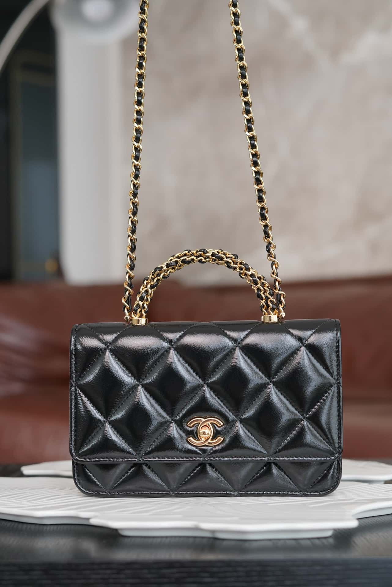 Chanel 24B WOC Top Handle in Black Shiny Lambskin GHW