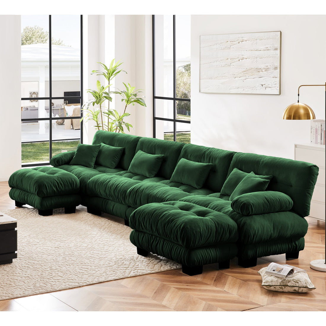 Free Combination Modular Sectional Sofa,U Shaped Couch for Living Room, 4-Seater Comfy Cloud Couch with 2 Ottomans, Chenille Green