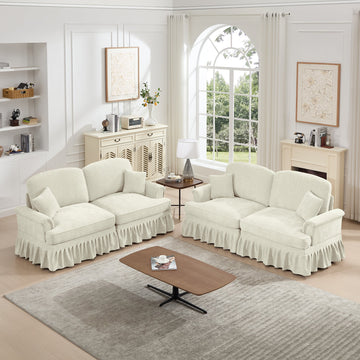 Classic 2 Piece Modular Couch Living Room Sofa Set with Flared Arms and Removable Ruffles Pleats Skirts and Spindle Legs, 2 Seater Sofa + 2-Seat Loveseat Sofa Sets for Living Room, Beige White