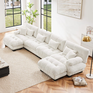 Free Combination Modular Sectional Sofa,U Shaped Couch for Living Room, 4-Seater Comfy Cloud Couch with 2 Ottomans, Chenille White