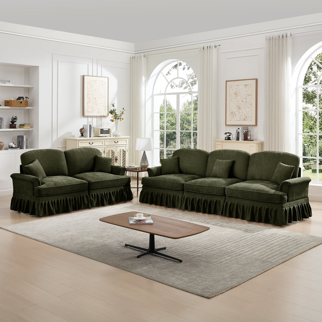 Classic 2 Piece Modular Couch Living Room Sofa Set with Flared Arms and Removable Ruffles Pleats Skirts and Spindle Legs, 3 Seater Sofa + 2-Seat Loveseat Sofa Sets for Living Room,Green