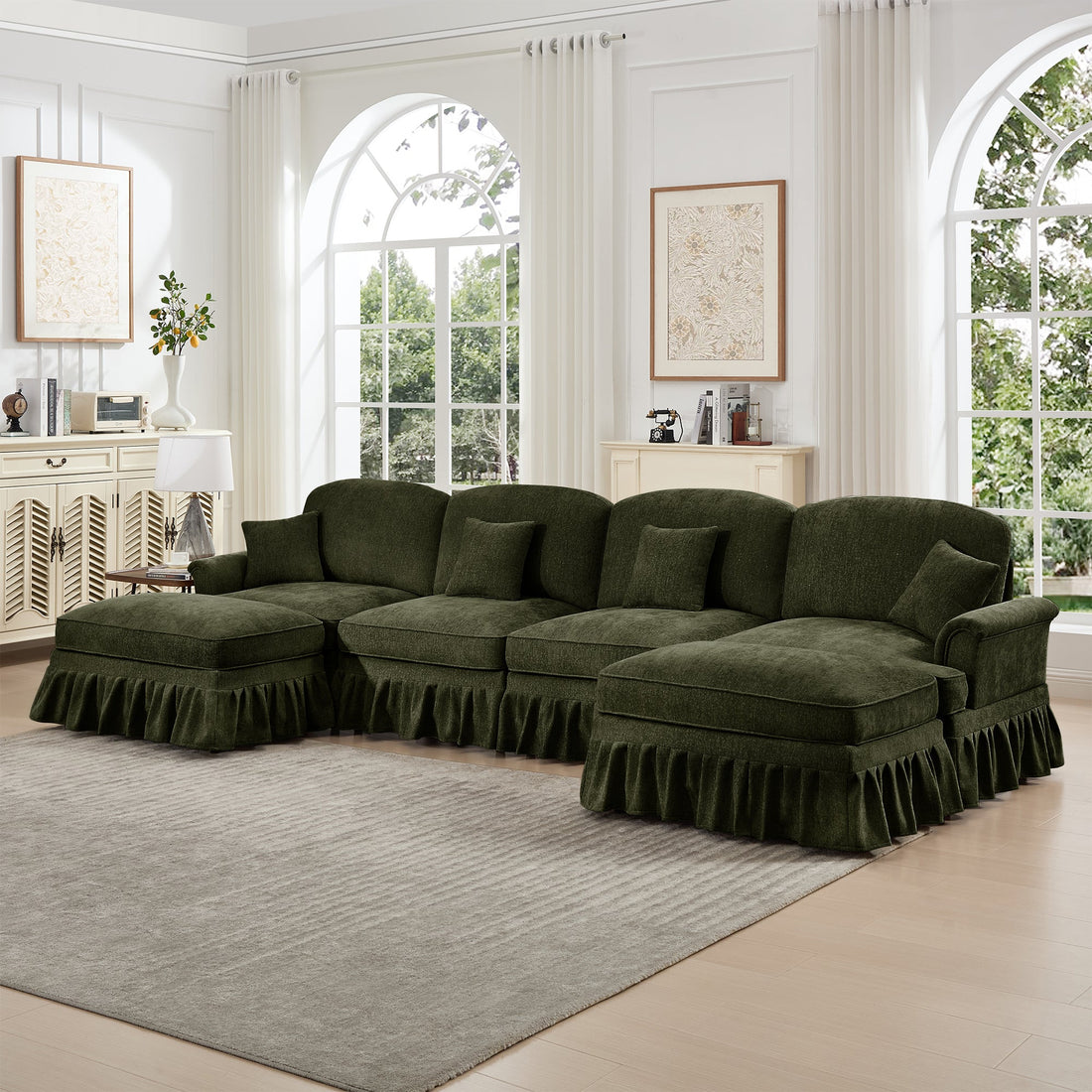 Classic U Shape 4 Seater Modular Sectional Sofa Couch with Flared Arms and Removable Ruffles Pleats Skirts and Spindle Legs, Chenille Deep Seat Cloud Sofa with Movable Ottomans, Green