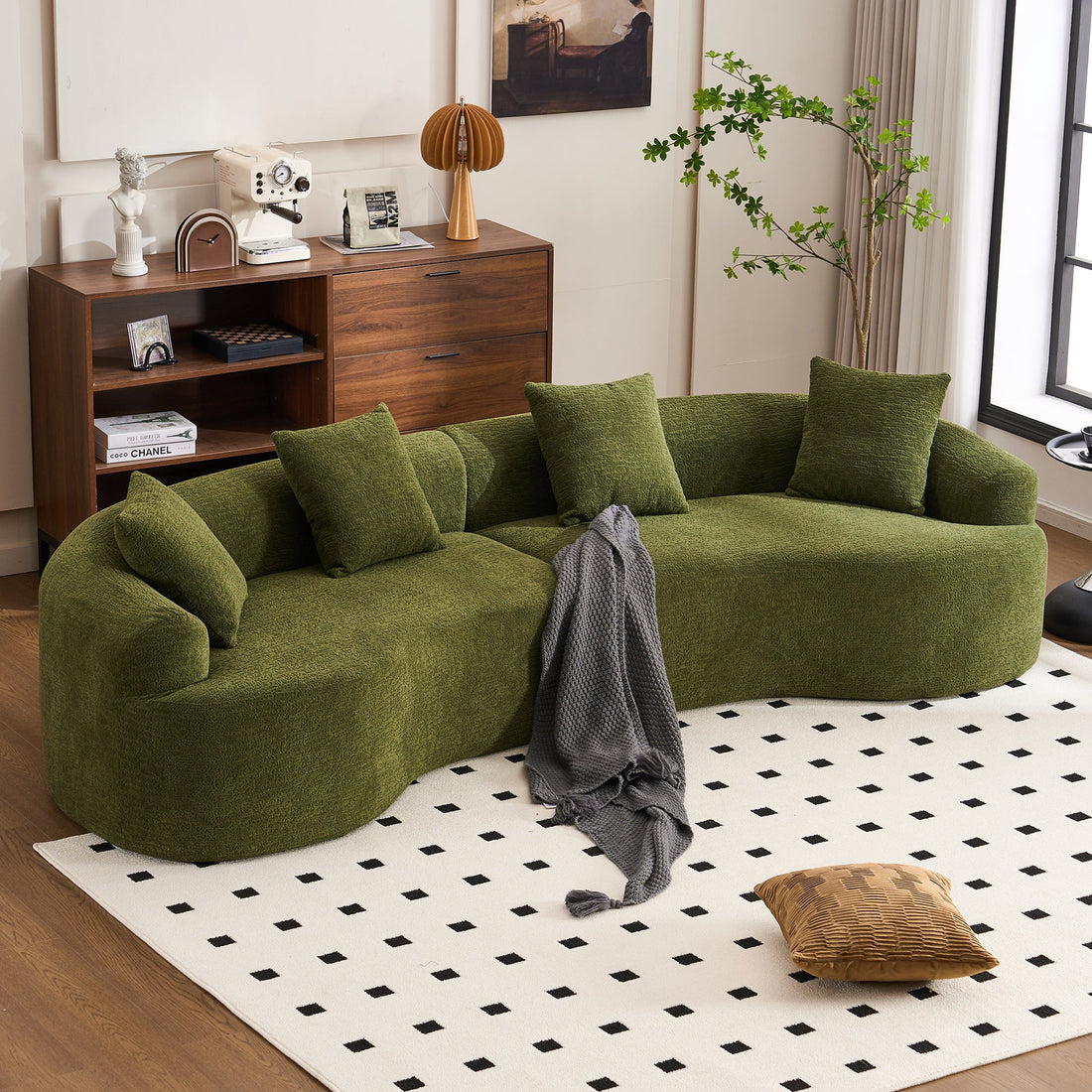 LY-025 Full Compression Sponge Sofa Forest Green Curved Modular Sectional, Chenille Upholstery, 110''L