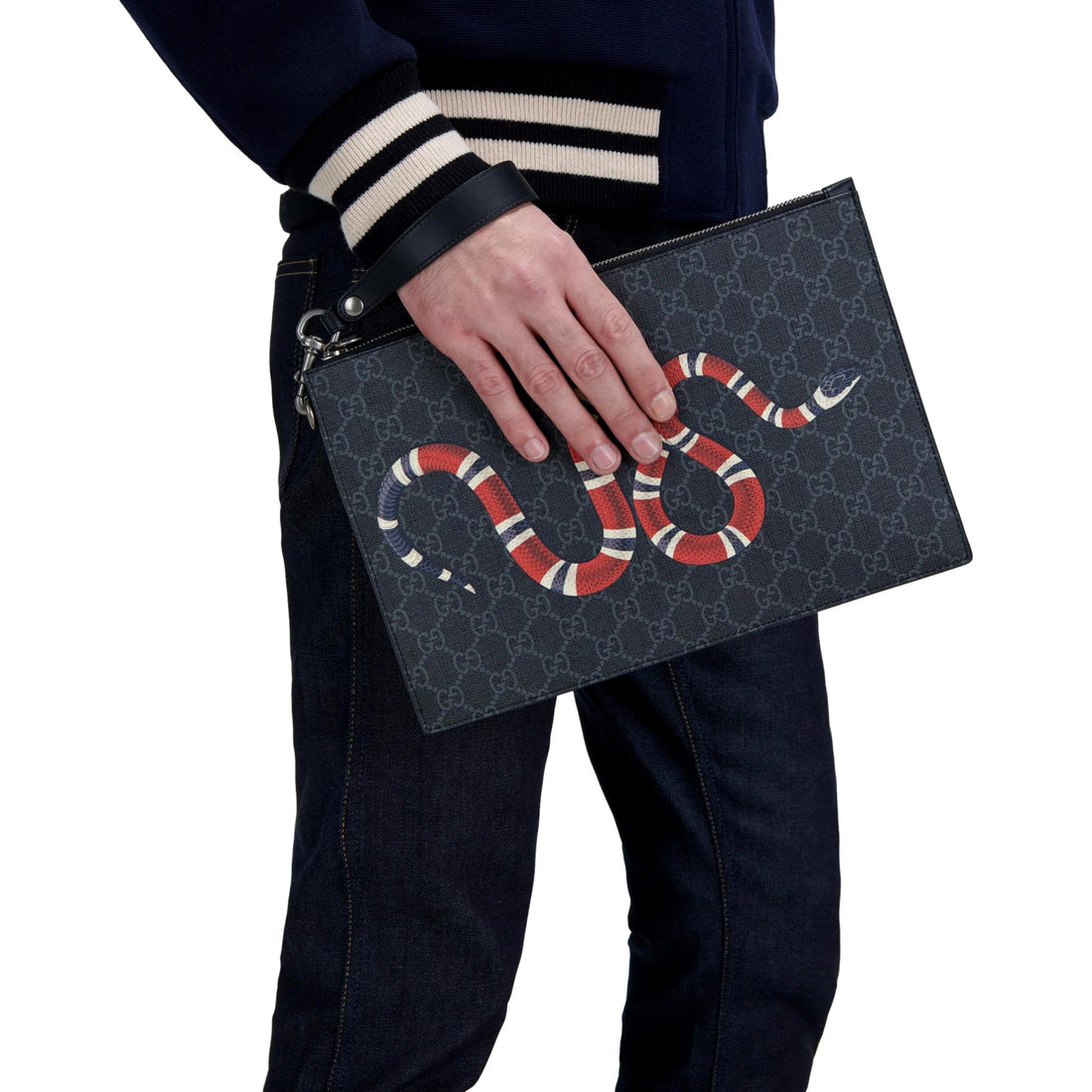 Gucci Bestiary Kingsnake Black GG Supreme Canvas Wristlet Clutch - Handbags