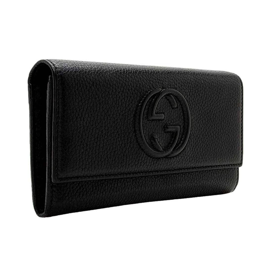 Gucci Soho Cellarius Black Long Flap Wallet Clutch Black Pebbled Leather - Wallets