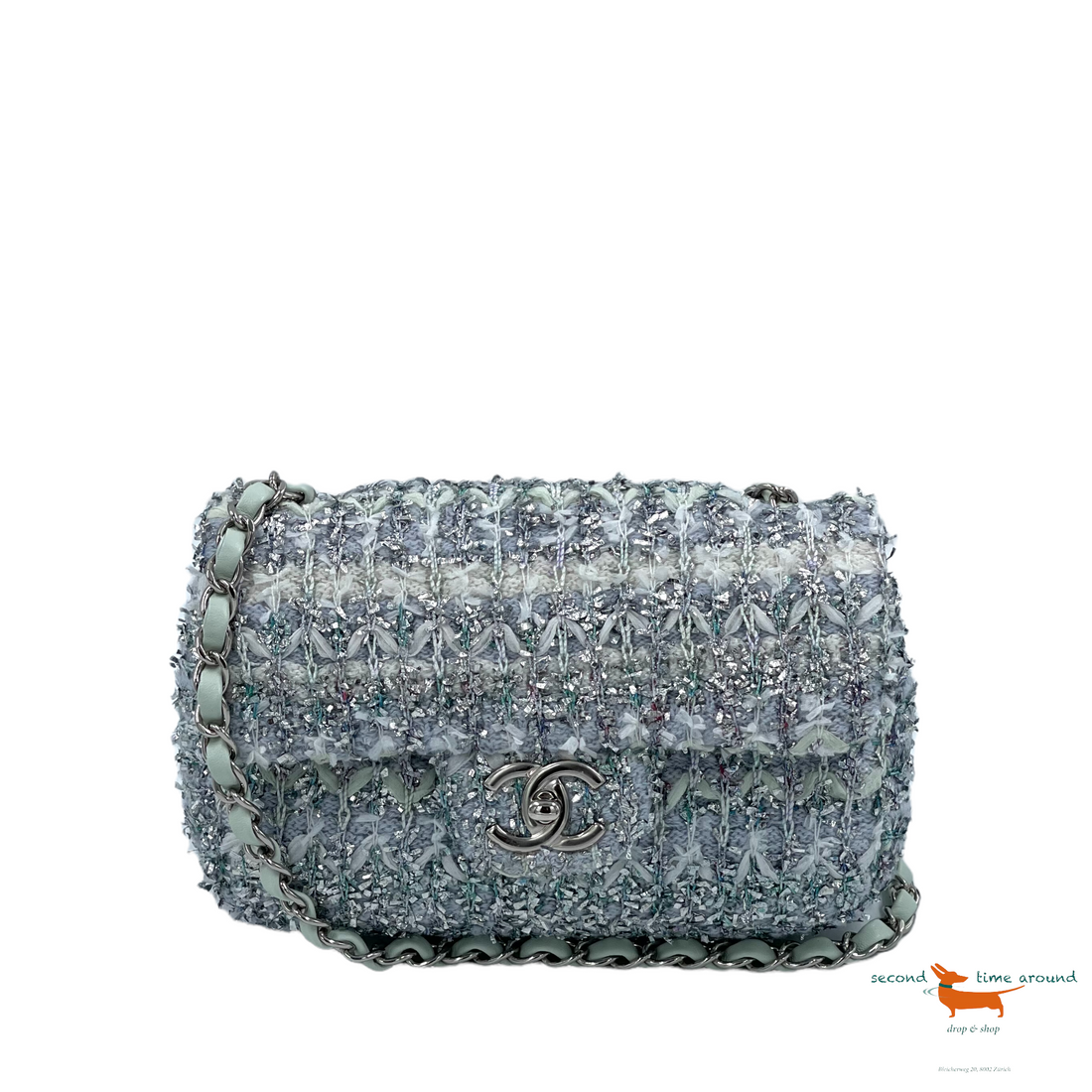 Chanel Classic Flap  Single Quilted and Ribbon Mini Blue Green Silver Tweed Cross Body Bag - Handbag & Wallet Accessories