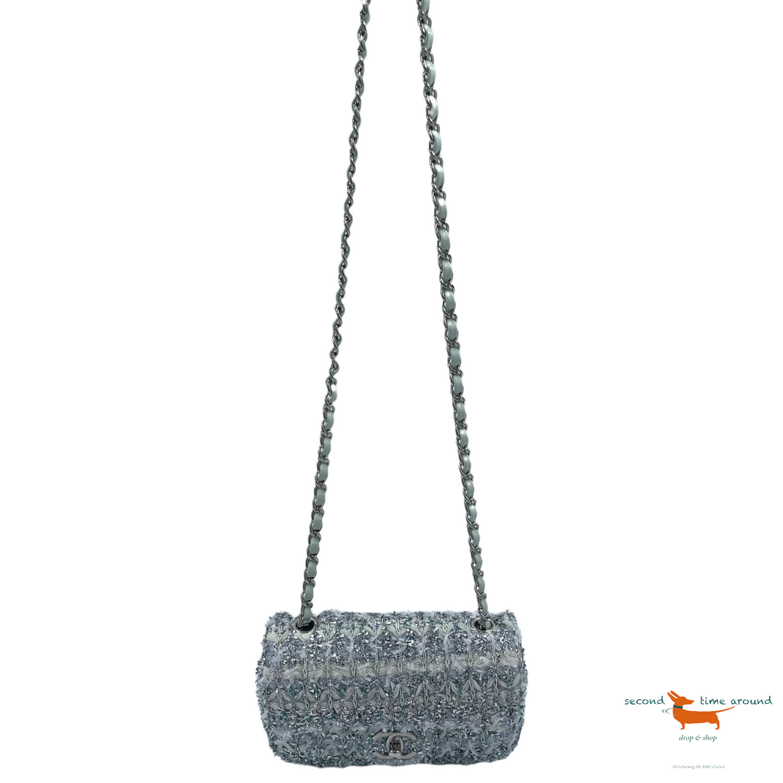 Chanel Classic Flap  Single Quilted and Ribbon Mini Blue Green Silver Tweed Cross Body Bag - Handbag & Wallet Accessories