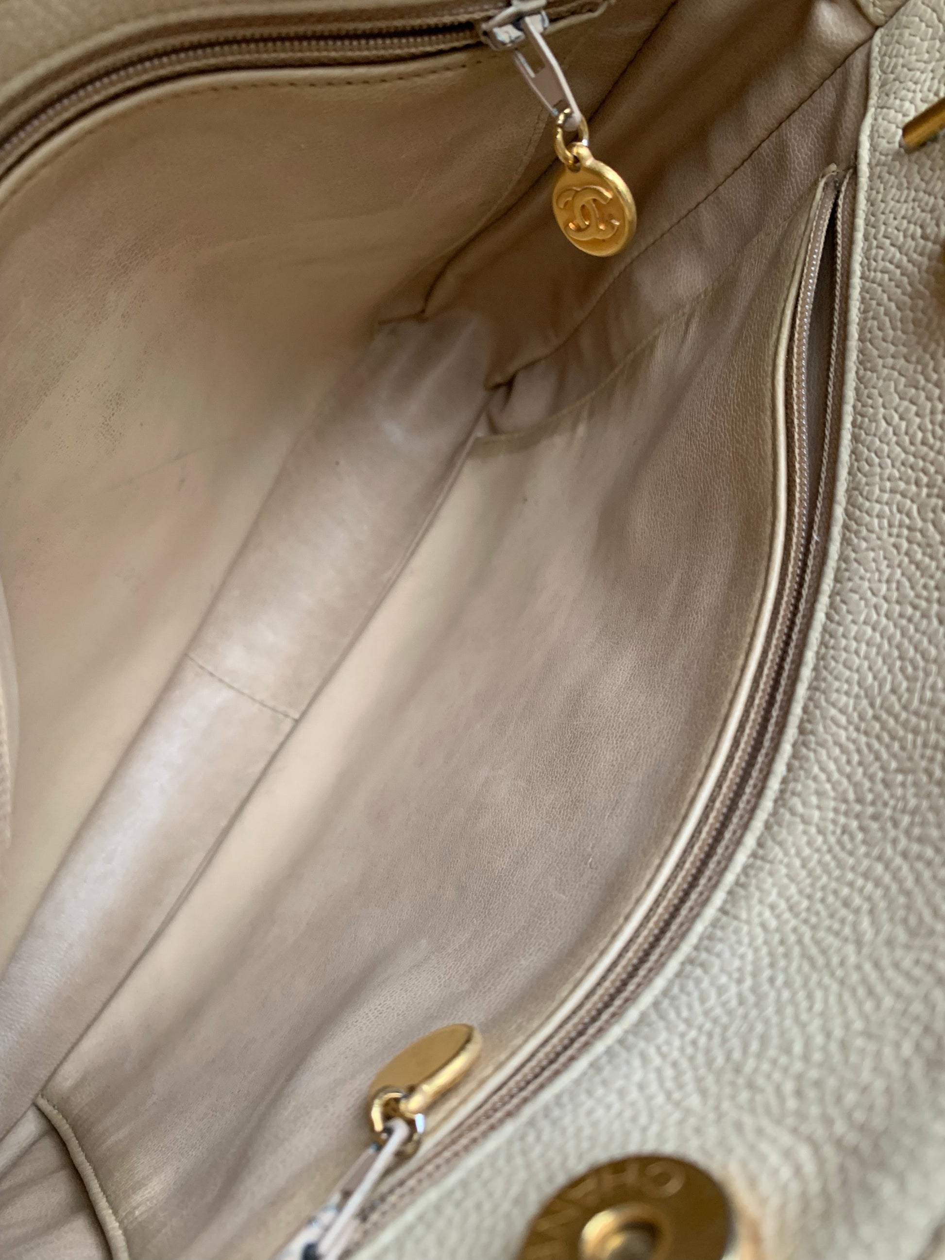 Chanel Vintage Beige Caviar Chain Tote - 28