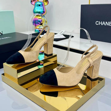 Chanel Slingback 90mm Light Beige Black Suede 469669