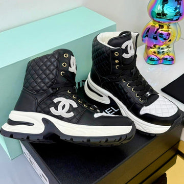 Chanel 2025 Quilted High-Top Sneakers Black White Cowhide 469789