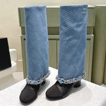 CC 25 Long Boot Blue Black Denim Fabric Calfskin 515271