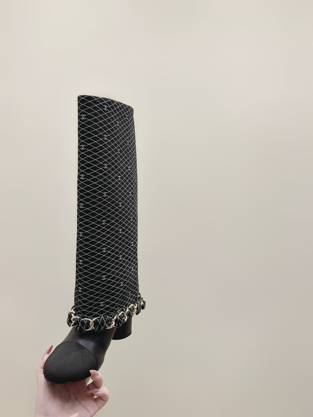 CC 25 Long Boot Black Denim Fabric Calfskin 515272