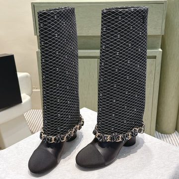 CC 25 Long Boot Black Denim Fabric Calfskin 515272