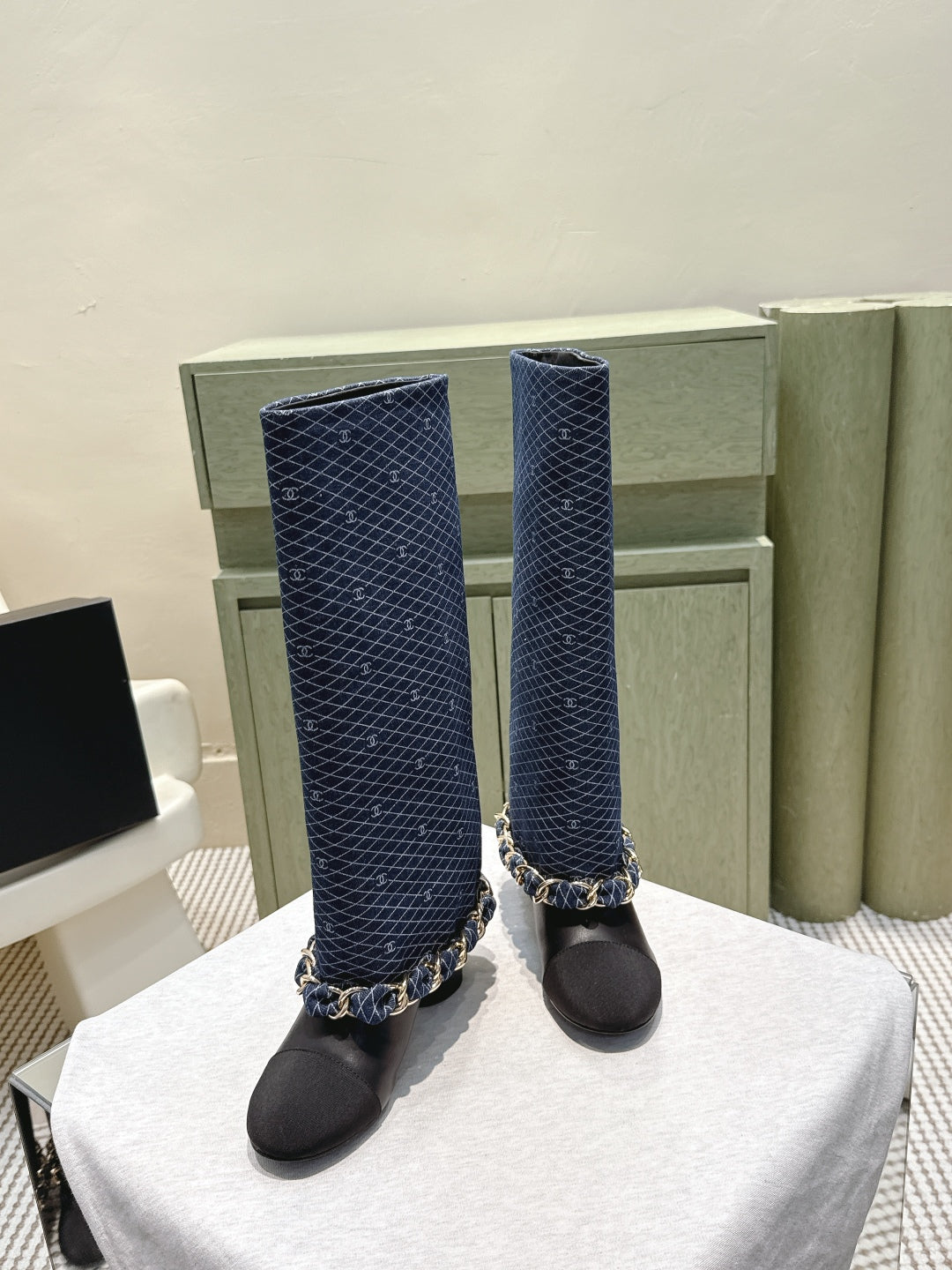 CC 25 Long Boot Navy Blue Black Denim Fabric Calfskin 515273