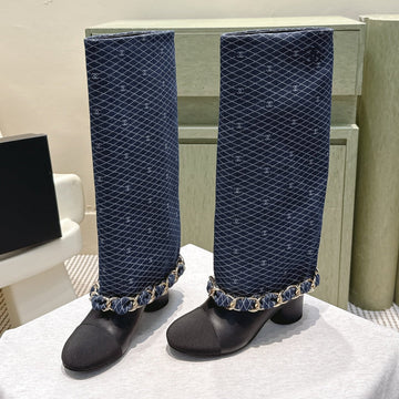 CC 25 Long Boot Navy Blue Black Denim Fabric Calfskin 515273