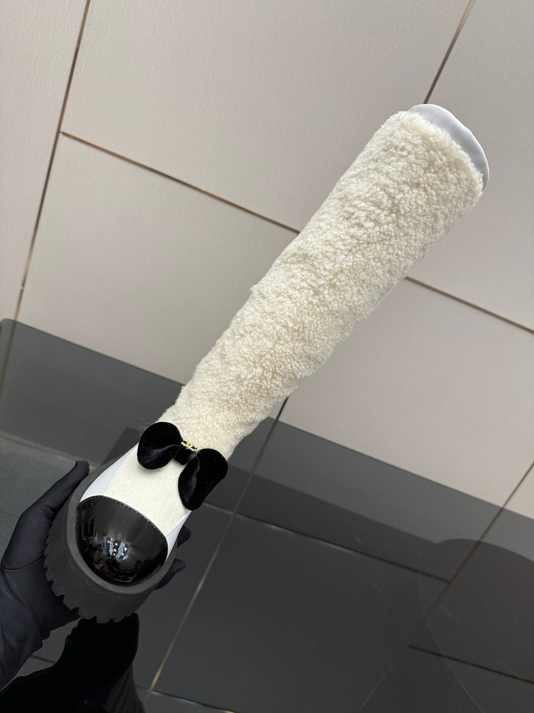 CC knee-high boots white black sheepskin and wool 532190