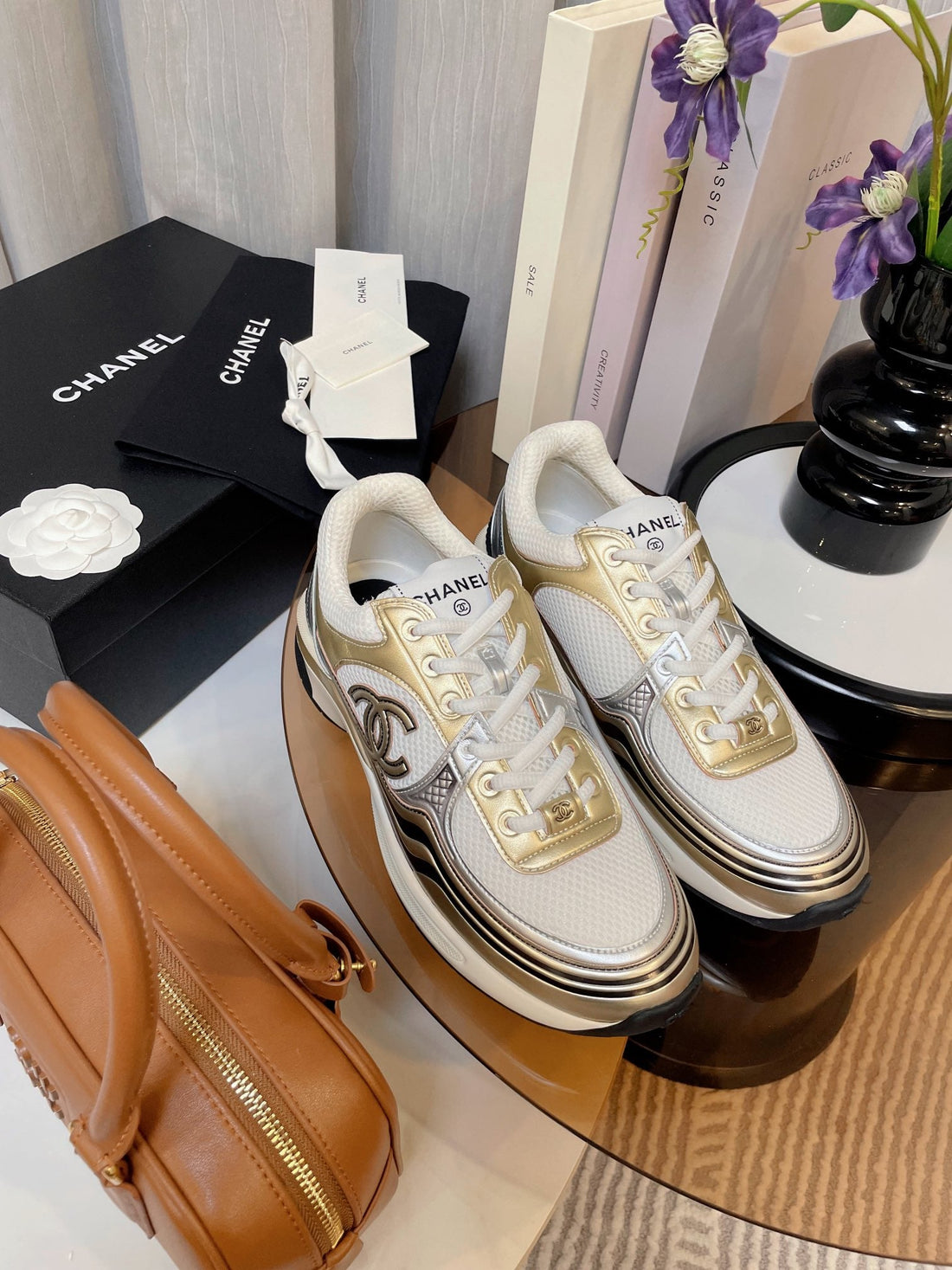 cc classic sneaker white fabric gold metalic calfskin