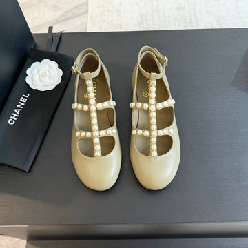 MARY JANES SHOES EICRU BEIGE GOATSKIN WITH FAUX PEARL