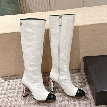 CC high-heeled boots white black patent calfskin 532834