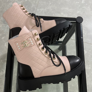 CC Combat Boots Pastel Pink Black Quilted Lambskin 944573